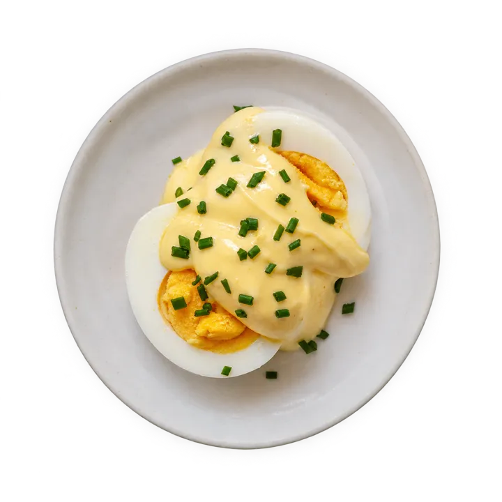 Deux demi-œufs sous une cuillère de mayonnaise