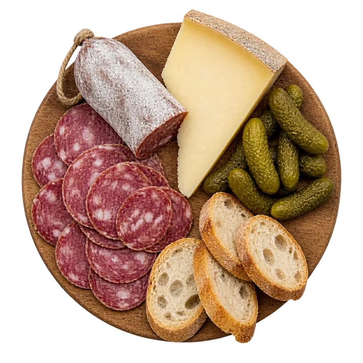 Une planche de saucisson, comté et cornichons