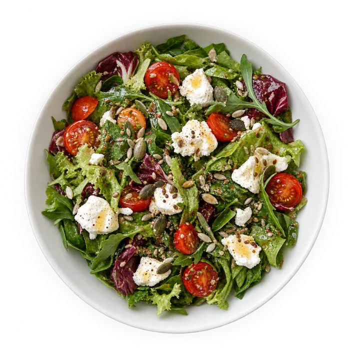 Une grande salade dans un bol blanc